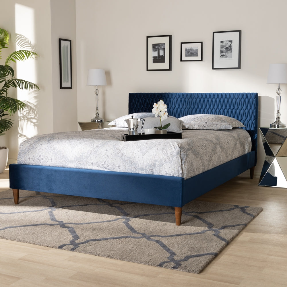 Frida Glam And Luxe Royal Blue Velvet Fabric Upholstered Queen Size Bed