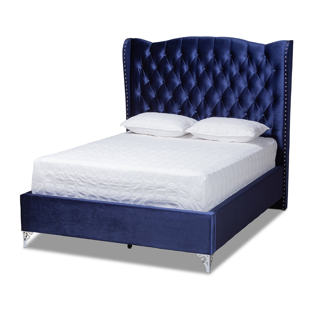 Hanne Queen Size Bed Purple-Blue Velvet Luxe Wingback Design