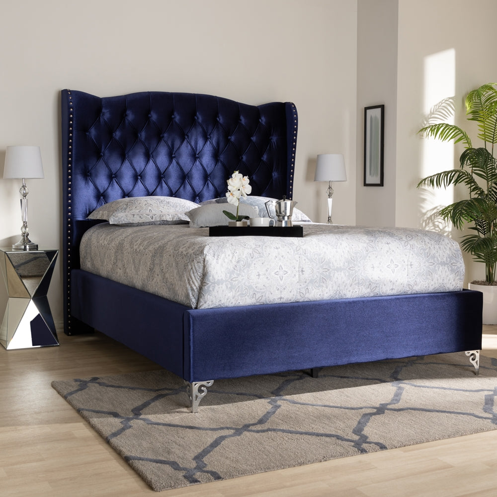 Hanne Queen Size Bed Purple-Blue Velvet Luxe Wingback Design