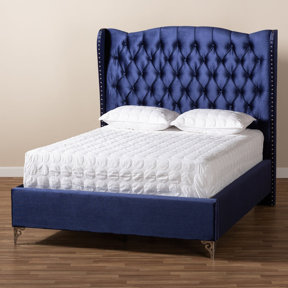 Hanne Queen Size Bed Purple-Blue Velvet Luxe Wingback Design