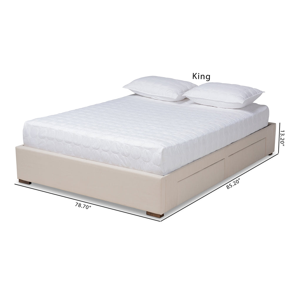 Leni Beige Fabric Upholstered 4-Drawer King Size Platform Storage Bed Frame