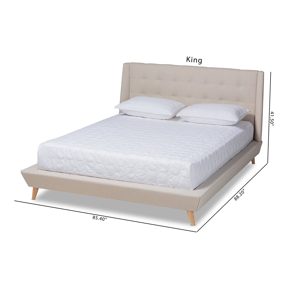 Naya Beige Fabric Upholstered King Size Wingback Platform Bed