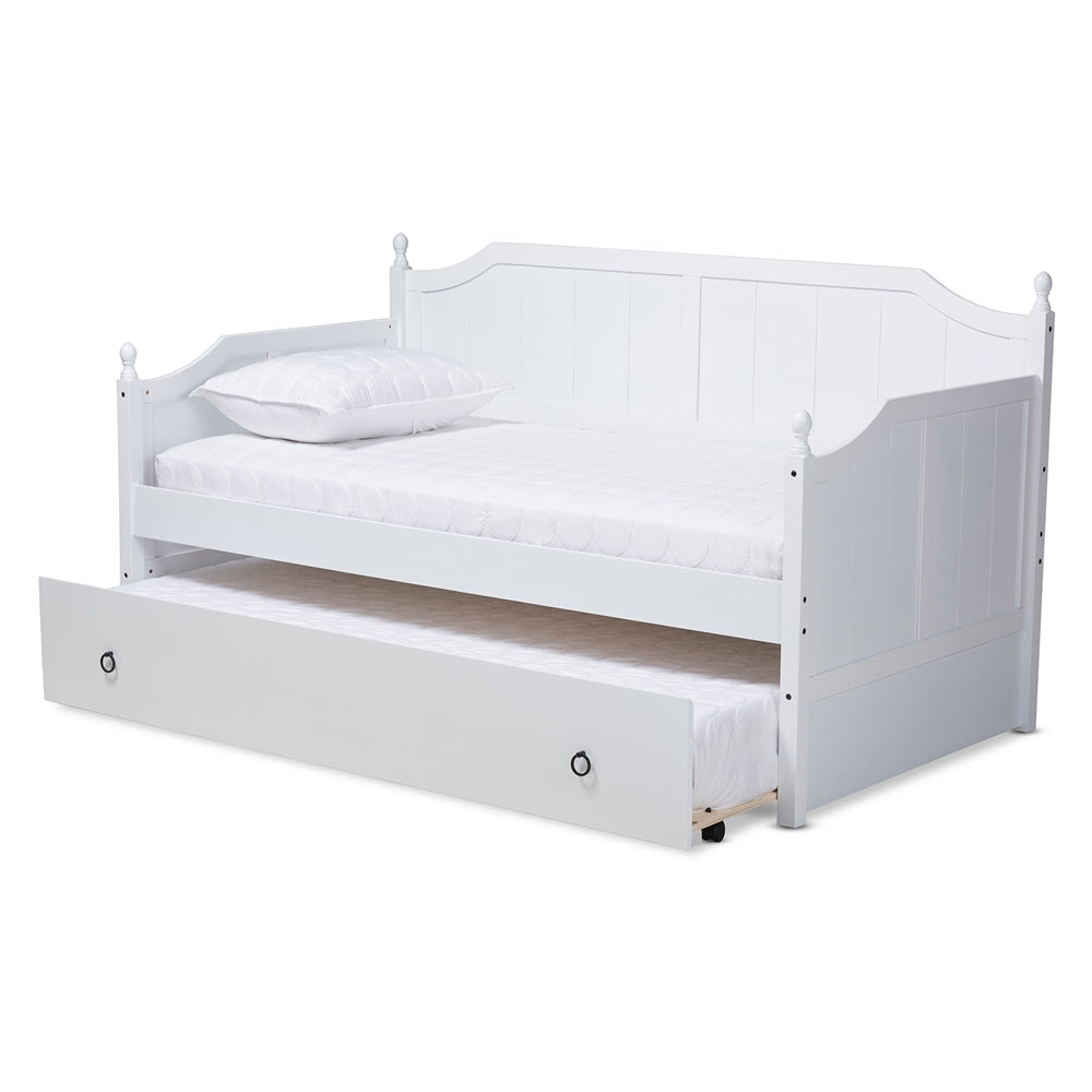 Millie Cottage Farmhouse White Finished Wood Full Size Daybed With Trundle