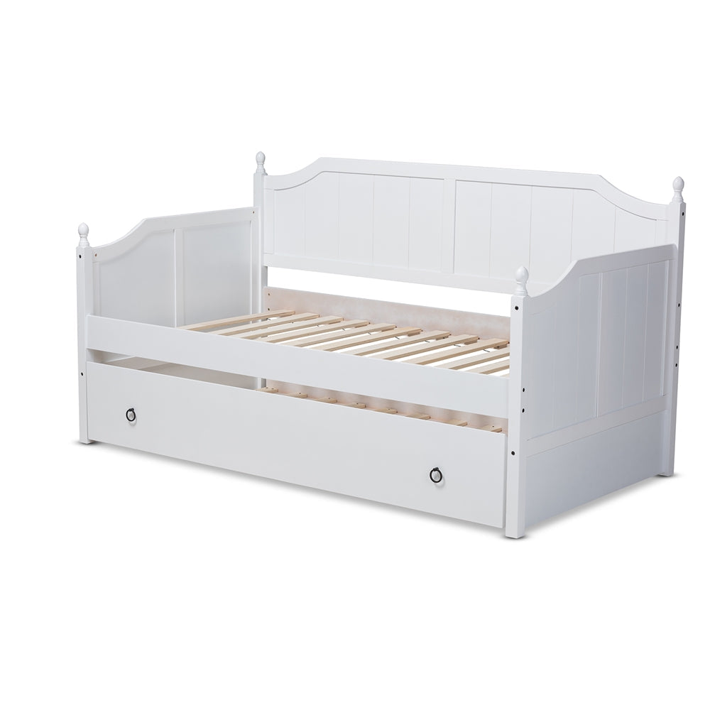 Millie Cottage Farmhouse White Finished Wood Full Size Daybed With Trundle