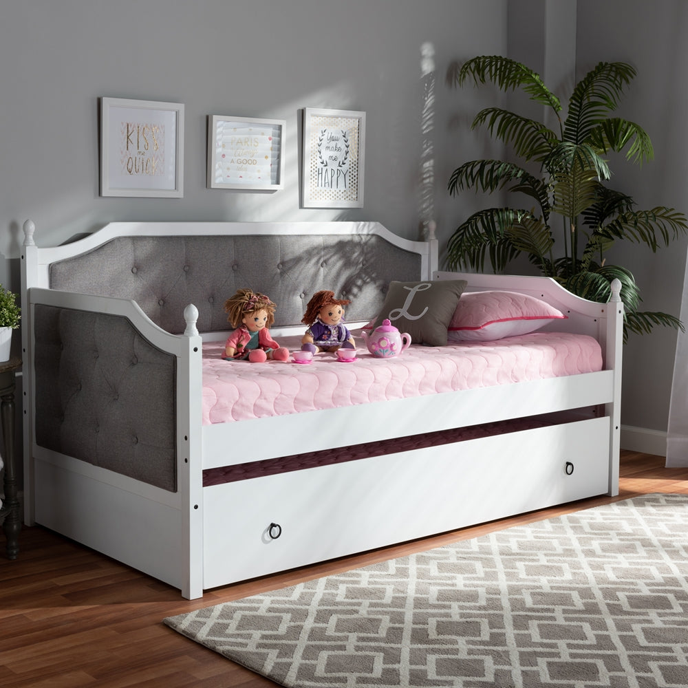 Mara Grey Fabric And White Finished Wood Twin Size Daybed With Trundle