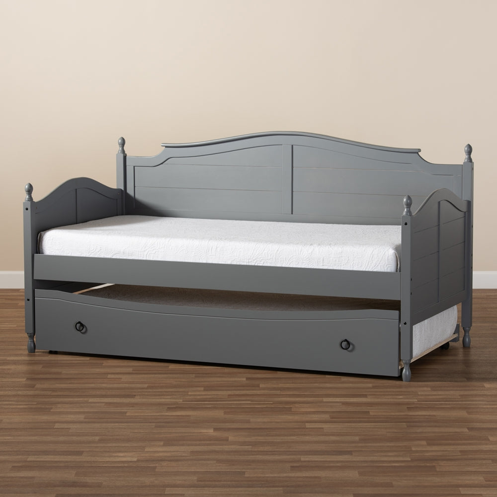 Mara Cottage Farmhouse Grey Wood Twin Size Daybed with Roll-Out Trundle Bed