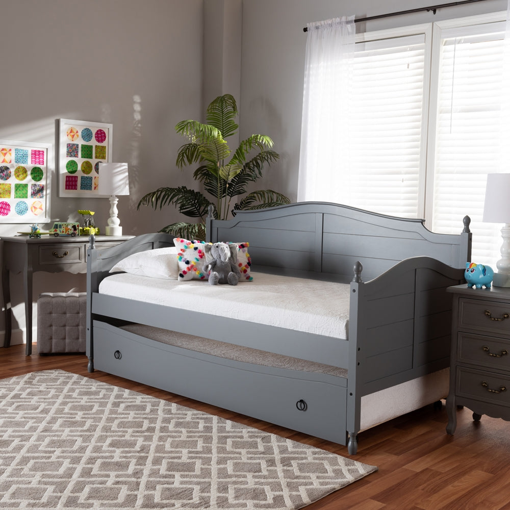 Mara Cottage Farmhouse Grey Wood Twin Size Daybed with Roll-Out Trundle Bed