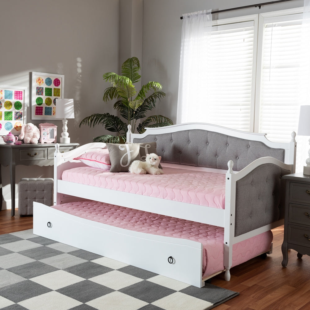 Marlie Twin Daybed Grey Fabric White Wood Traditional Style with Trundle