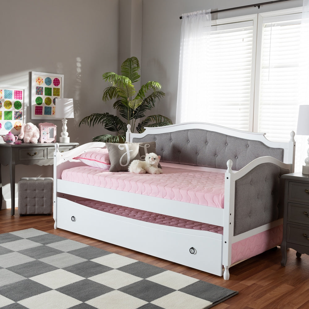 Marlie Twin Daybed Grey Fabric White Wood Traditional Style with Trundle