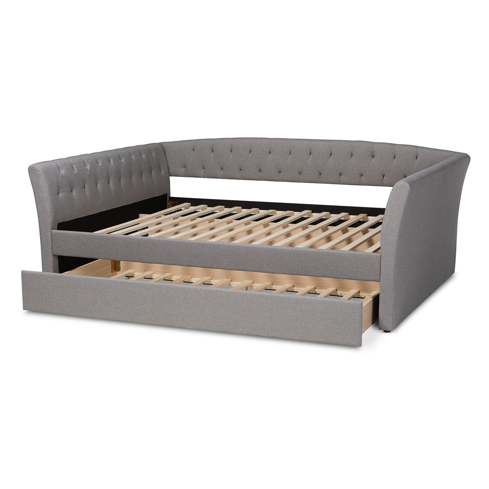 Delora Light Grey Fabric Full Size Daybed with Roll-Out Trundle Bed
