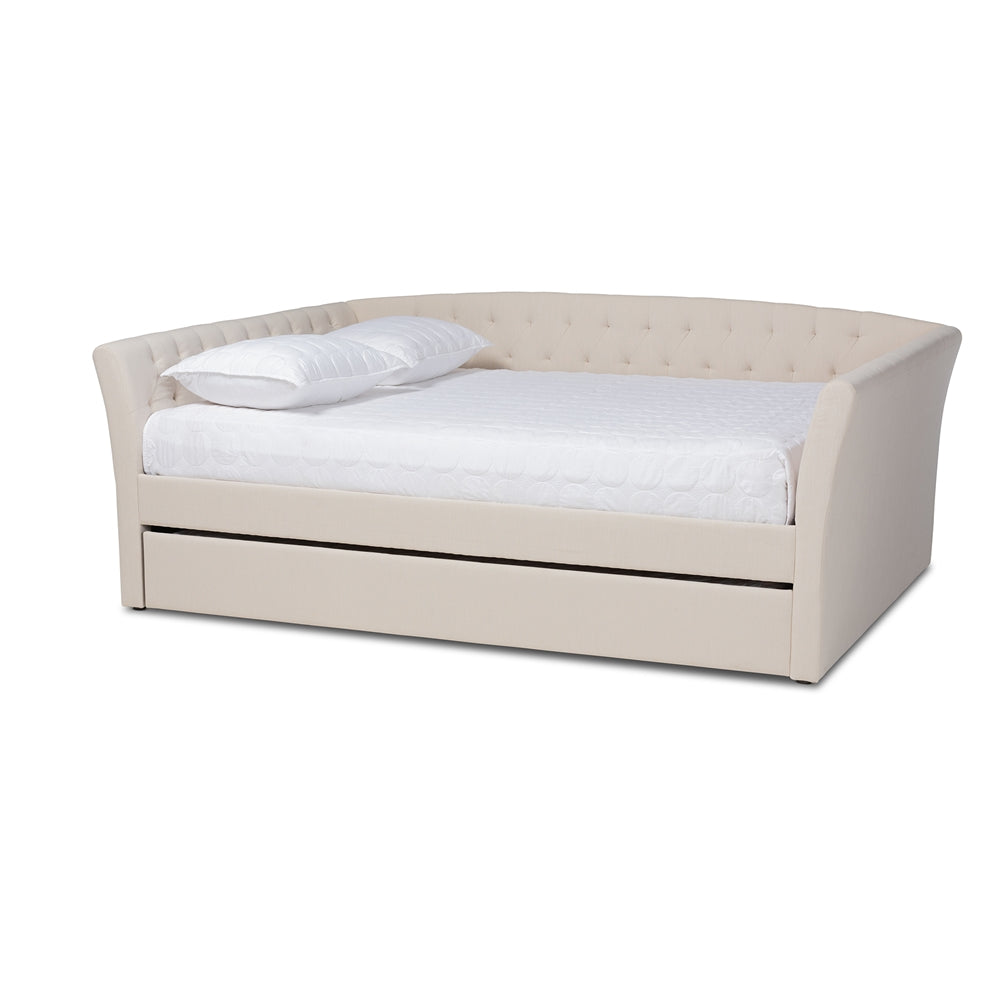 Delora Beige Fabric Upholstered Full Size Daybed with Roll-Out Trundle Bed