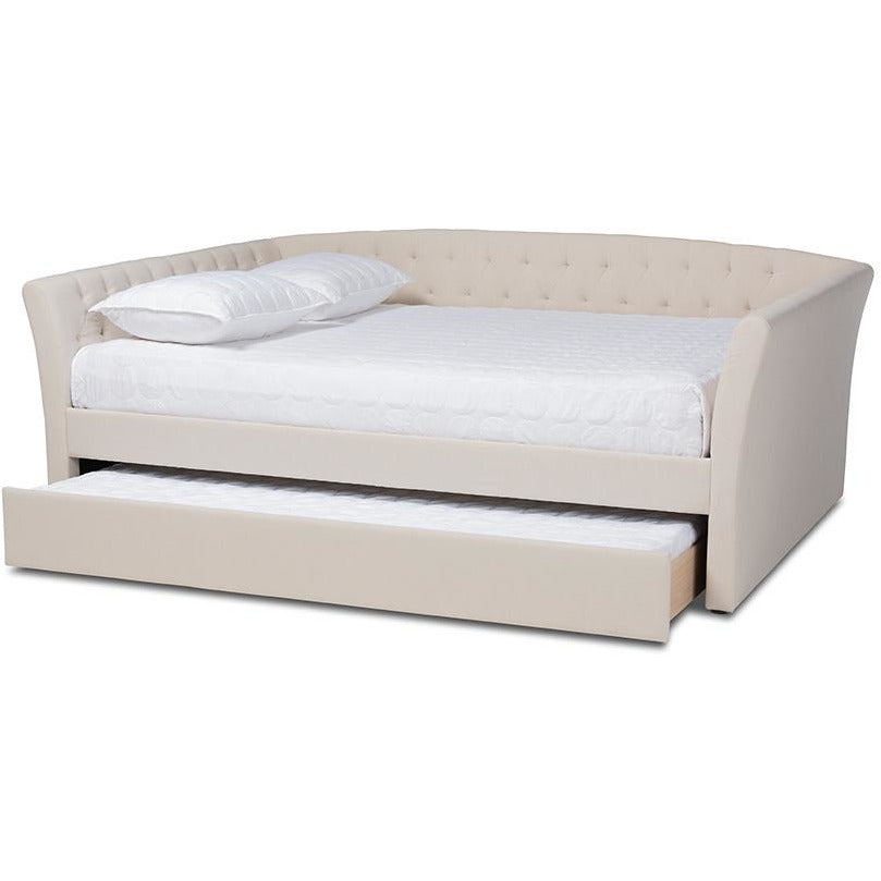 Delora Beige Fabric Upholstered Full Size Daybed with Roll-Out Trundle Bed