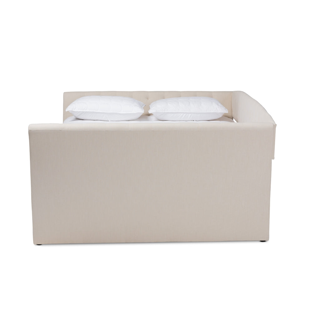 Delora Beige Fabric Upholstered Full Size Daybed with Roll-Out Trundle Bed