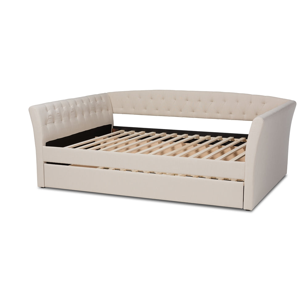 Delora Beige Fabric Upholstered Full Size Daybed with Roll-Out Trundle Bed