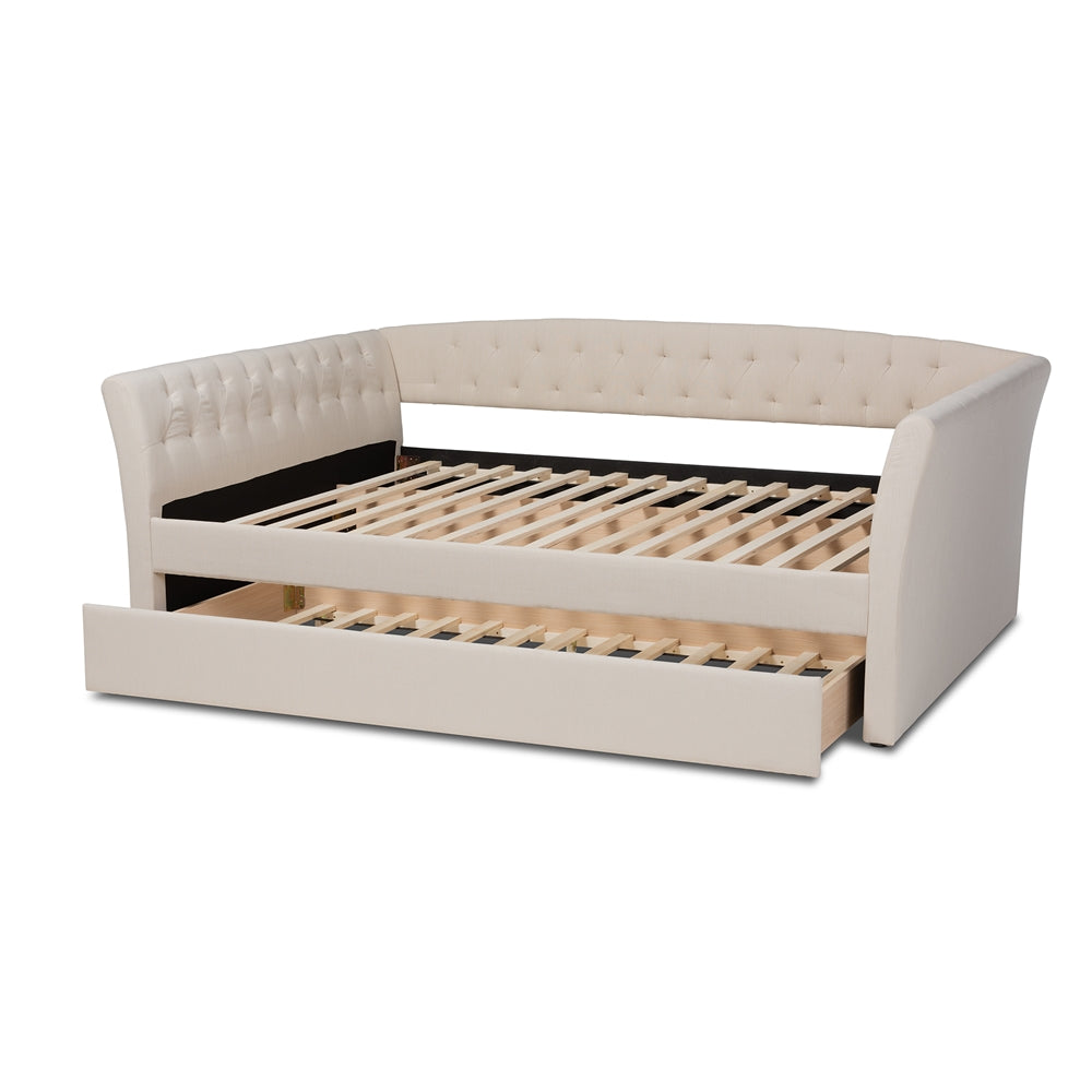 Delora Beige Fabric Upholstered Full Size Daybed with Roll-Out Trundle Bed