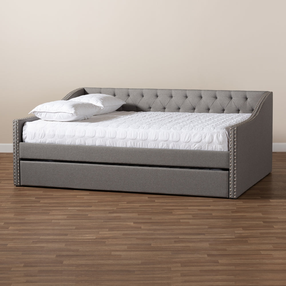 Haylie Queen Daybed Light Grey Fabric Modern Style with Trundle