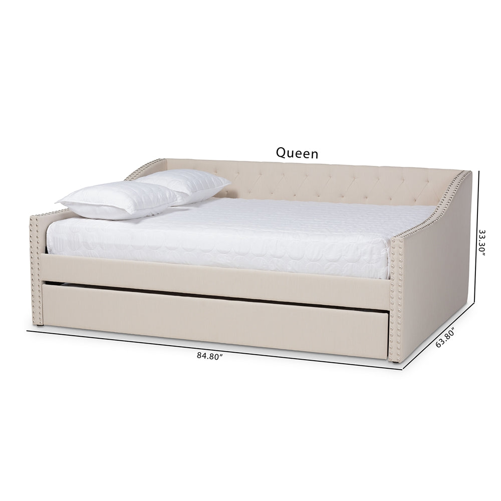 Haylie Beige Fabric Upholstered Queen Size Daybed with Roll-Out Trundle Bed