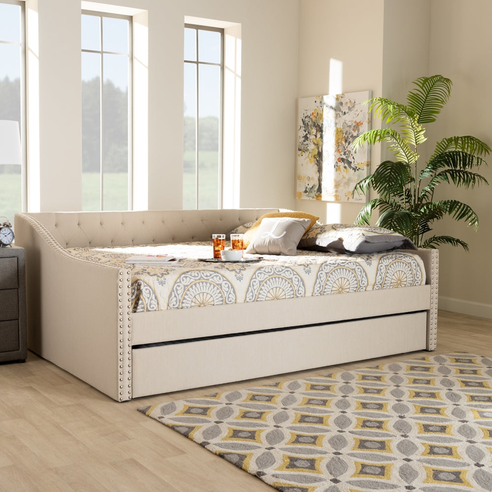 Haylie Beige Fabric Upholstered Queen Size Daybed with Roll-Out Trundle Bed