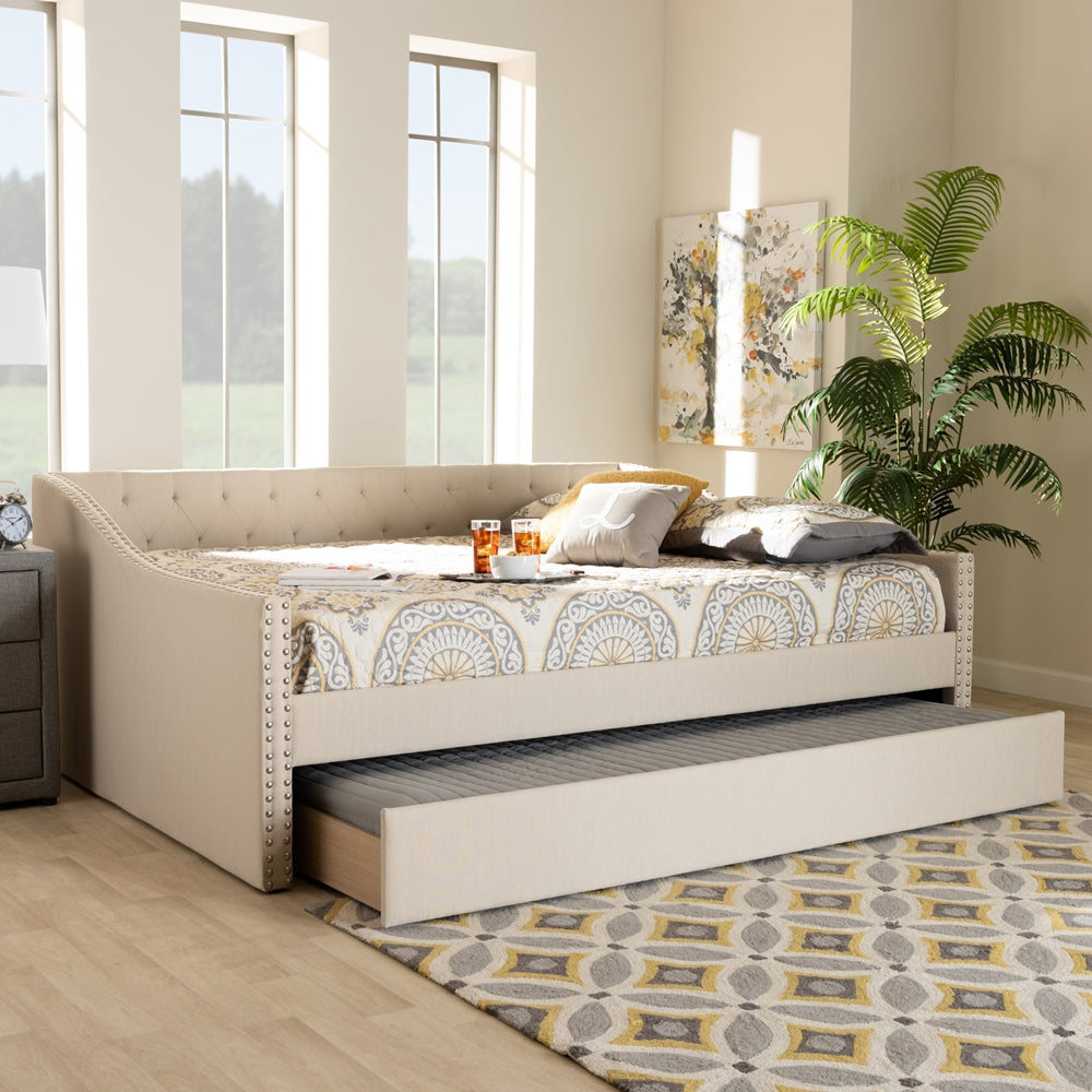 Haylie Beige Fabric Upholstered Queen Size Daybed with Roll-Out Trundle Bed