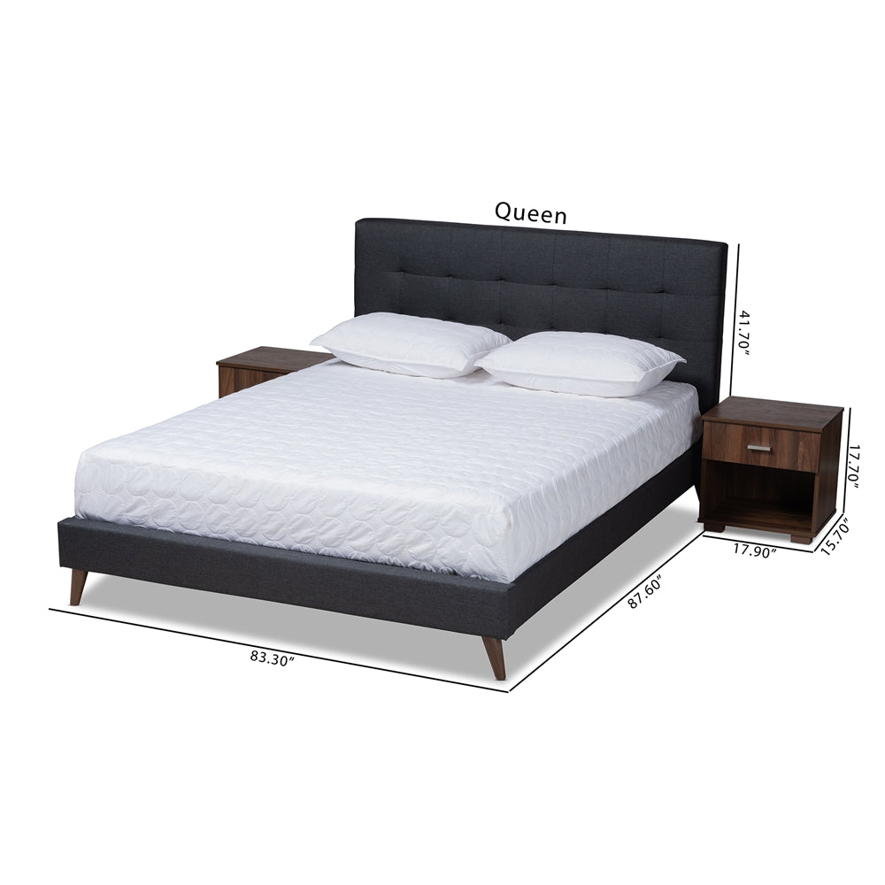 Maren Queen Size Dark Grey Fabric Mid-Century Modern Platform Bed With Nightstands