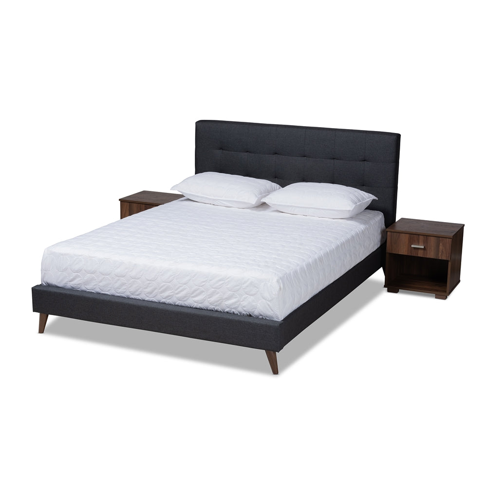 Maren Queen Size Dark Grey Fabric Mid-Century Modern Platform Bed With Nightstands