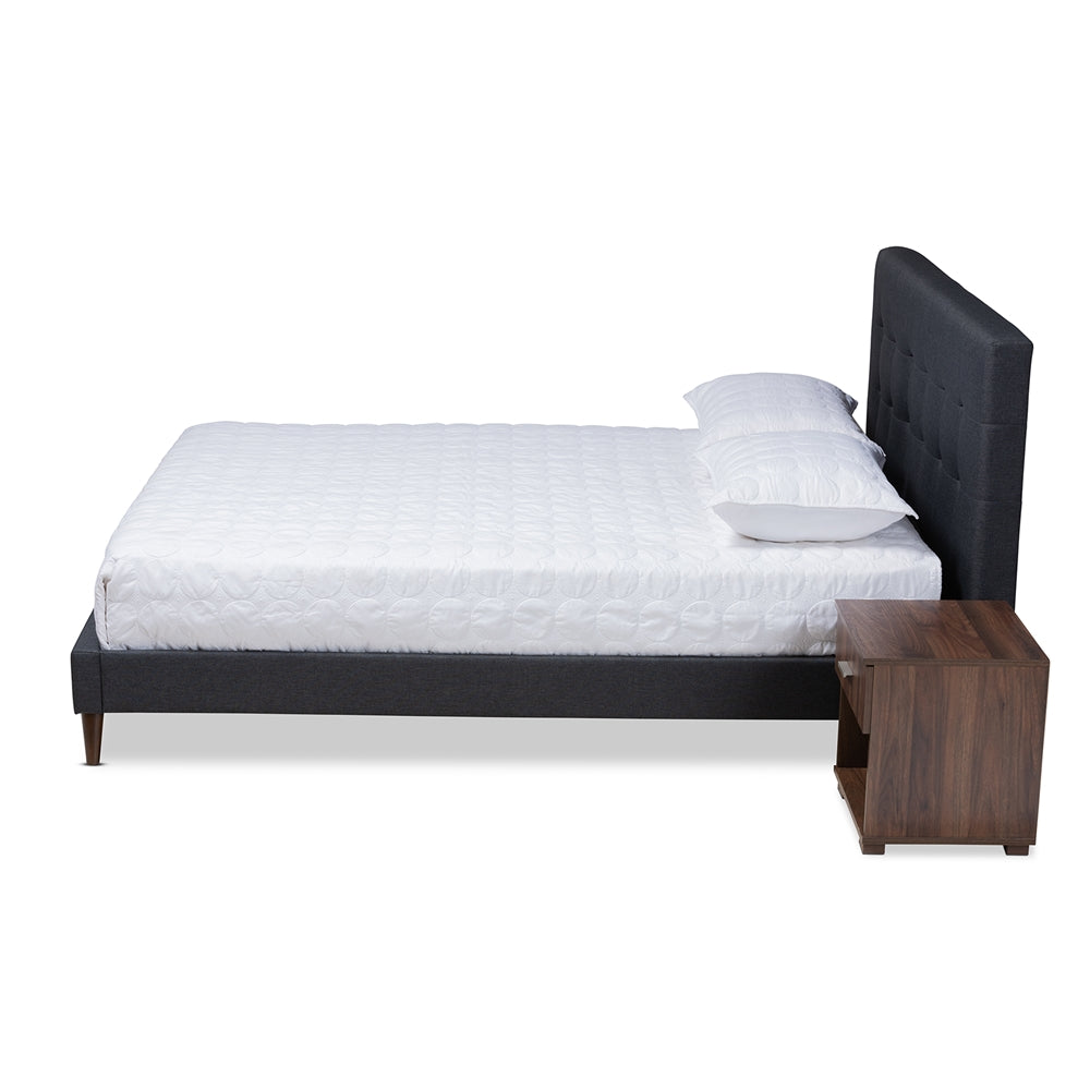 Maren Queen Size Dark Grey Fabric Mid-Century Modern Platform Bed With Nightstands