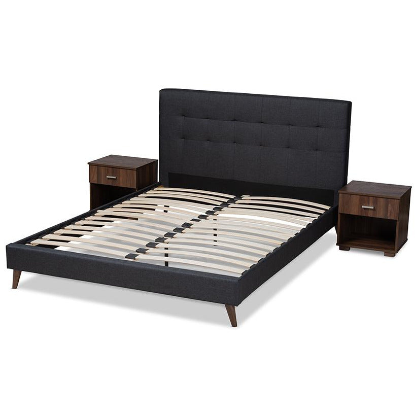 Maren Queen Size Dark Grey Fabric Mid-Century Modern Platform Bed With Nightstands