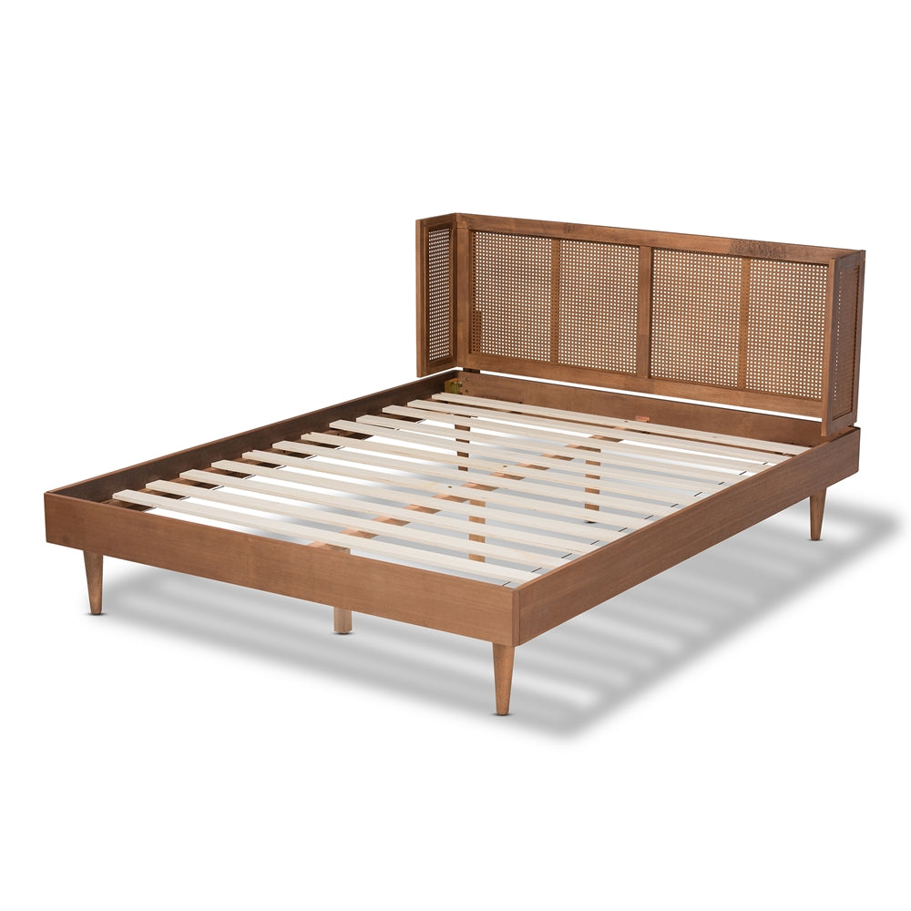 Rina Mid-Century Ash Wanut Wood and Synthetic Rattan Queen Size Platform Bed