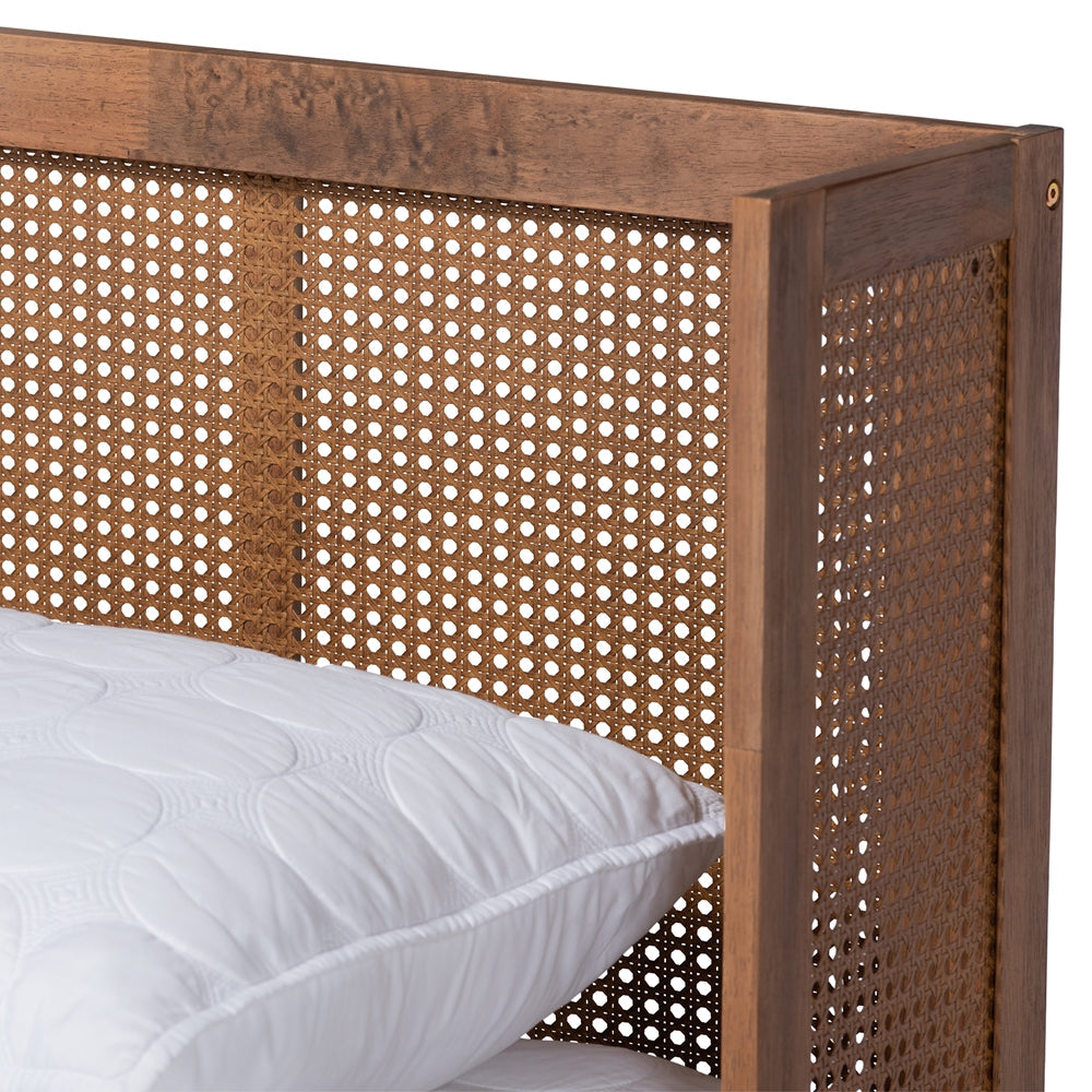 Rina Mid-Century Ash Wanut Wood and Synthetic Rattan Queen Size Platform Bed