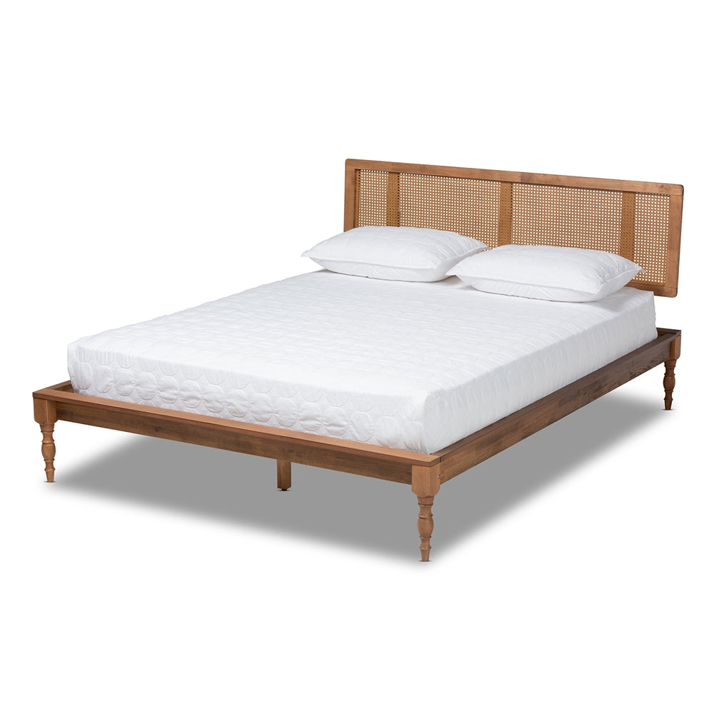 Romy Vintage Inspired Wanut Wood and Synthetic Rattan Queen Size Platform Bed