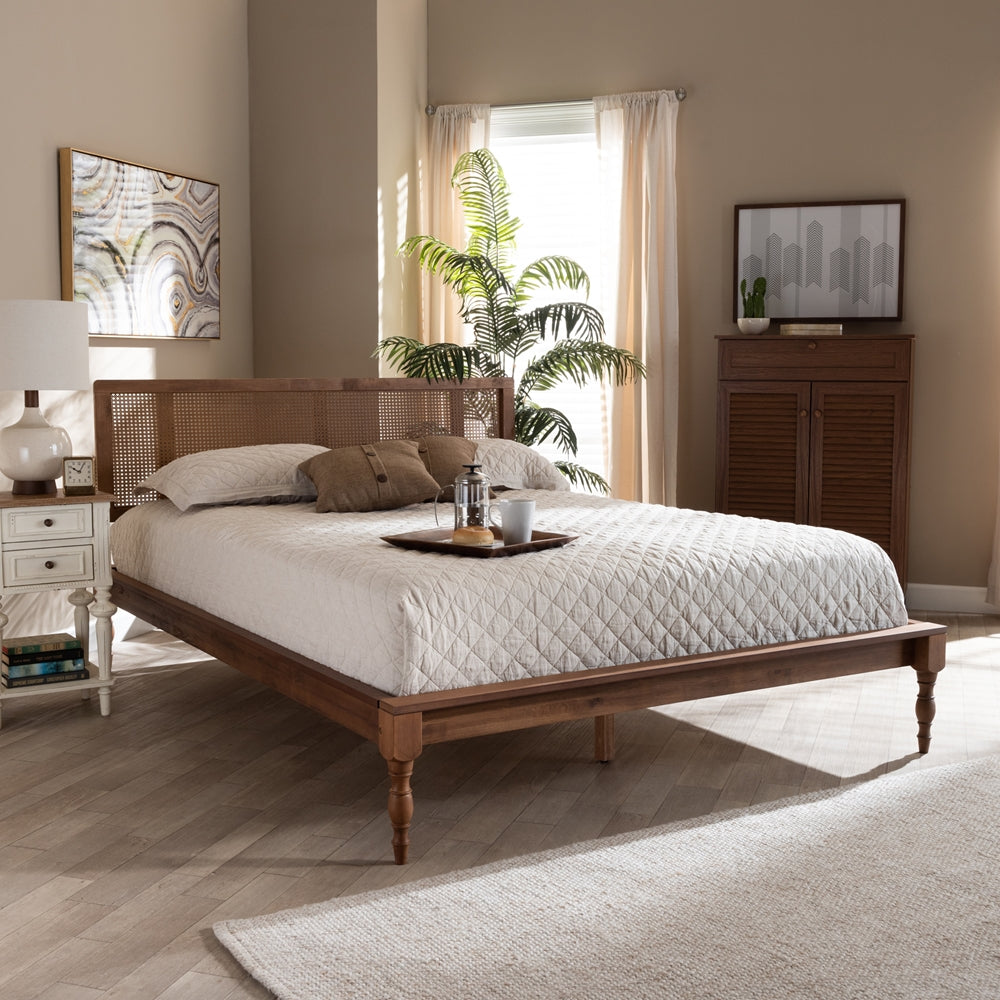 Romy Vintage Ash Wanut Wood and Rattan Full Size Platform Bed