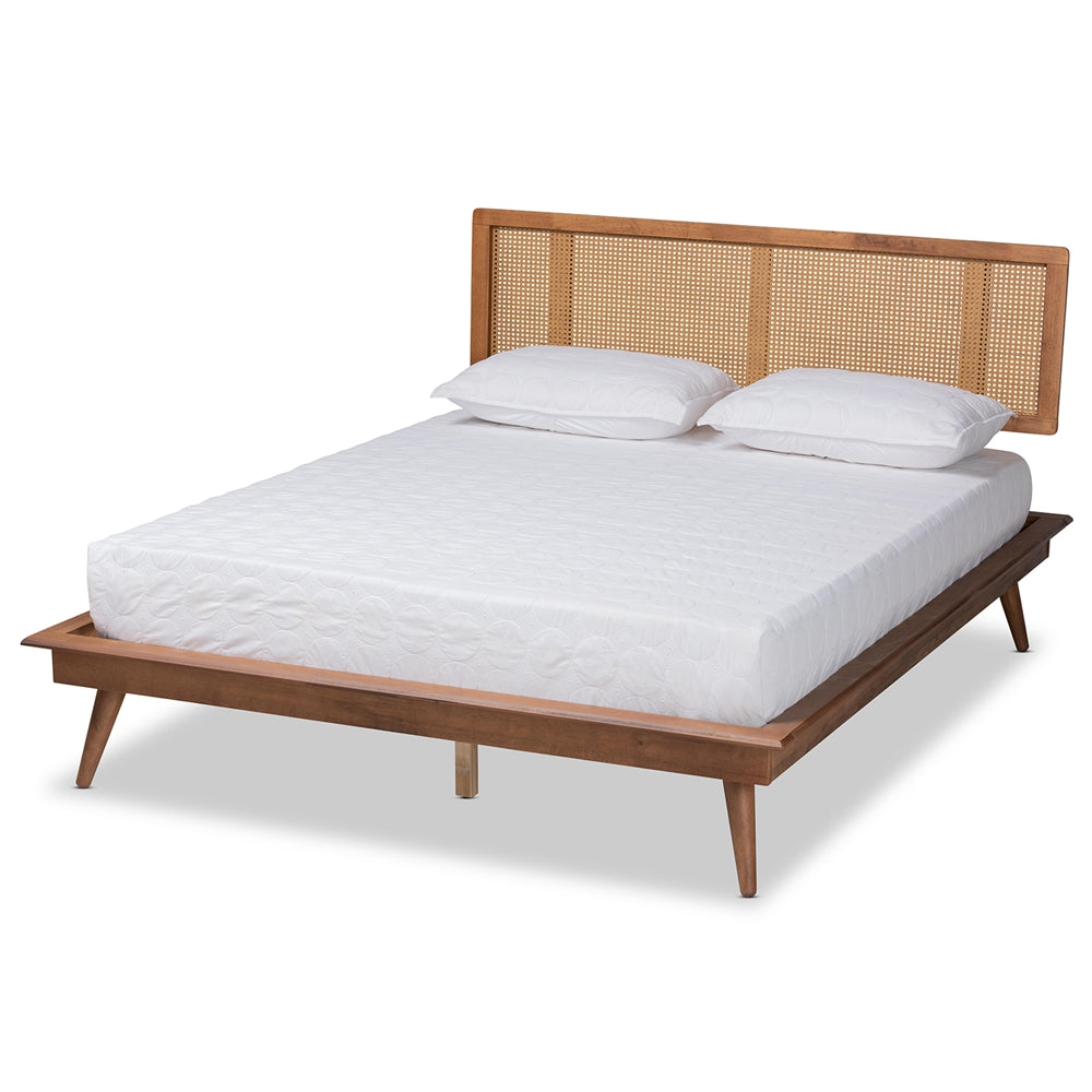 Nura Walnut Brown Finished Wood and Synthetic Rattan Full Size Platform Bed