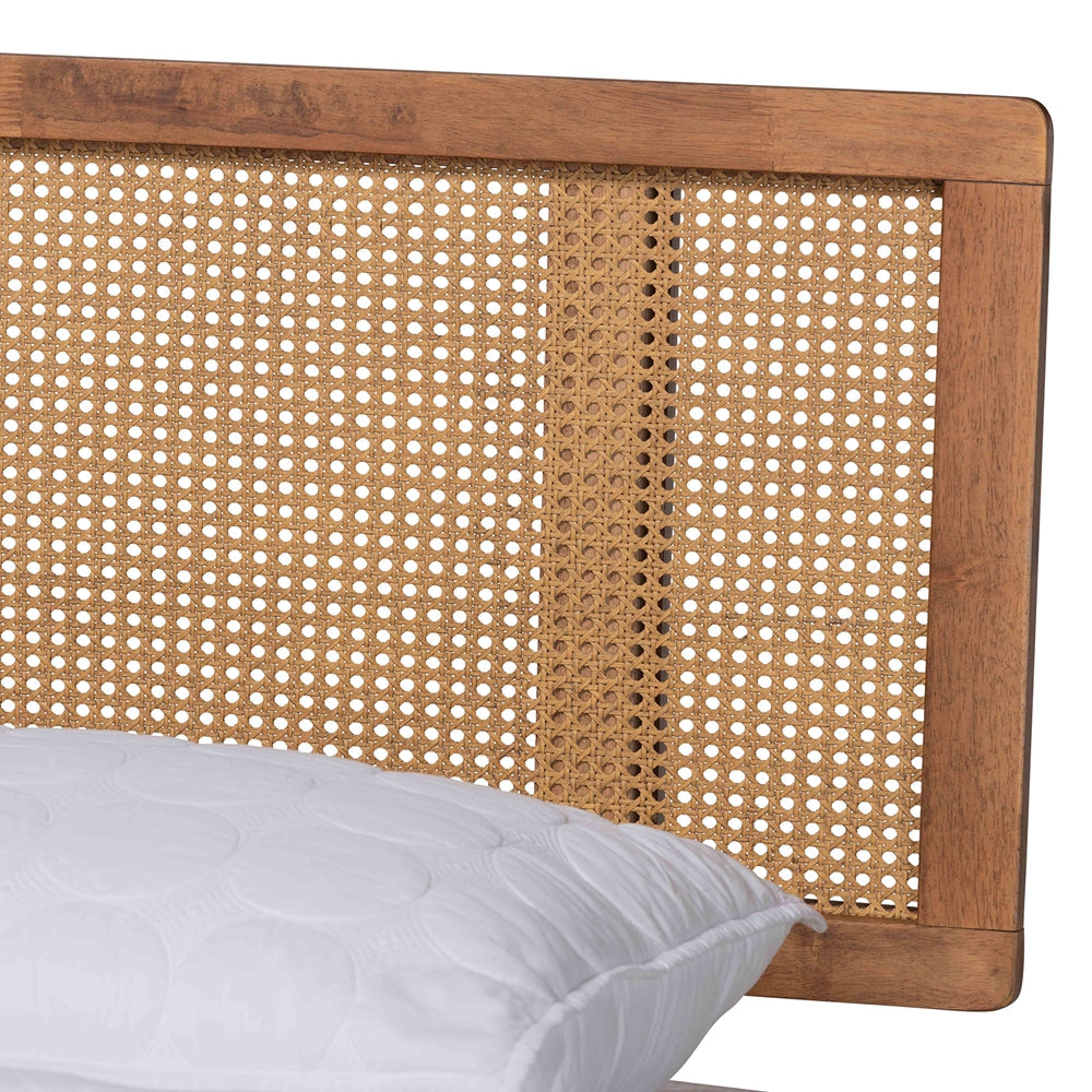 Nura Walnut Brown Finished Wood and Synthetic Rattan Full Size Platform Bed