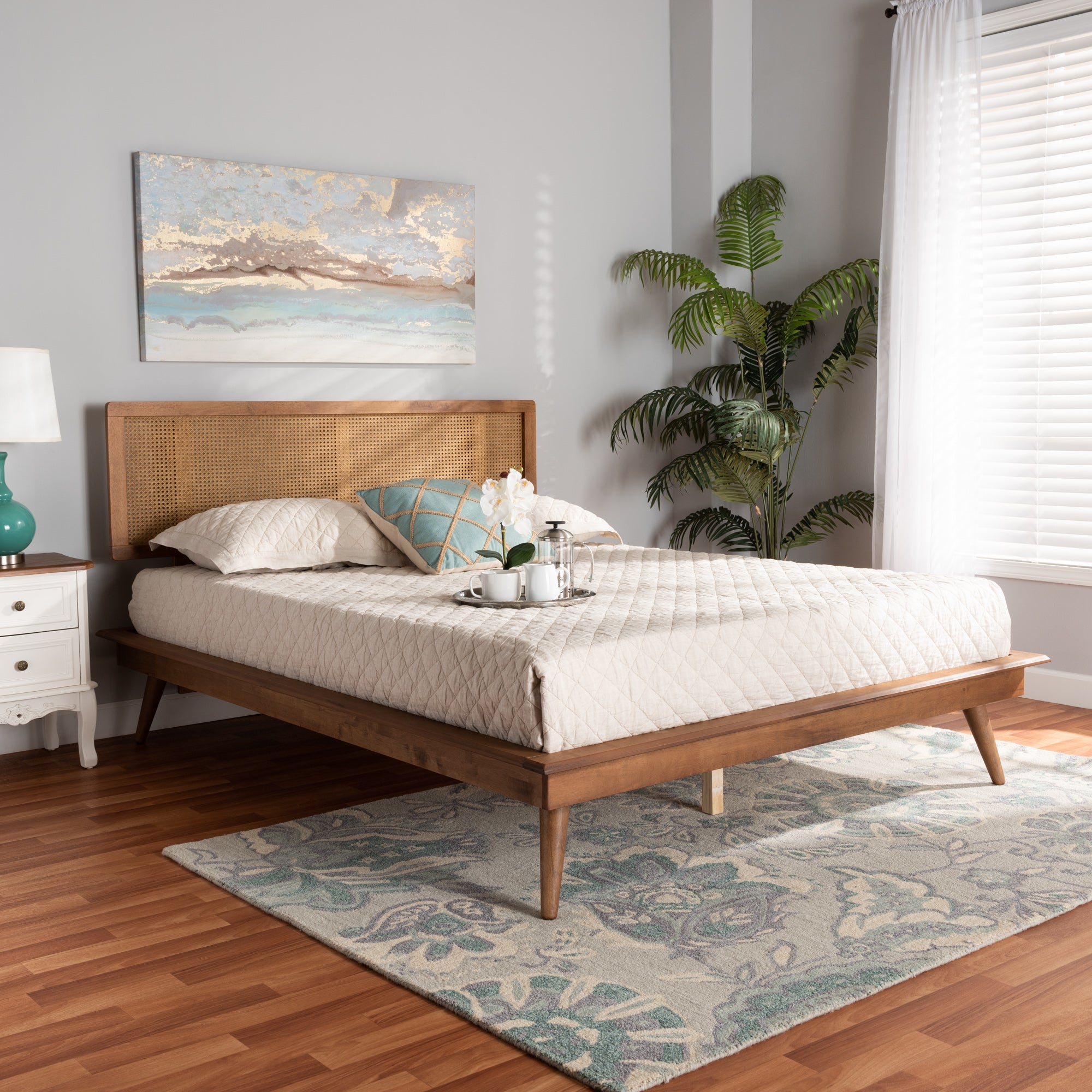 Nura Walnut Brown Finished Wood and Synthetic Rattan Full Size Platform Bed