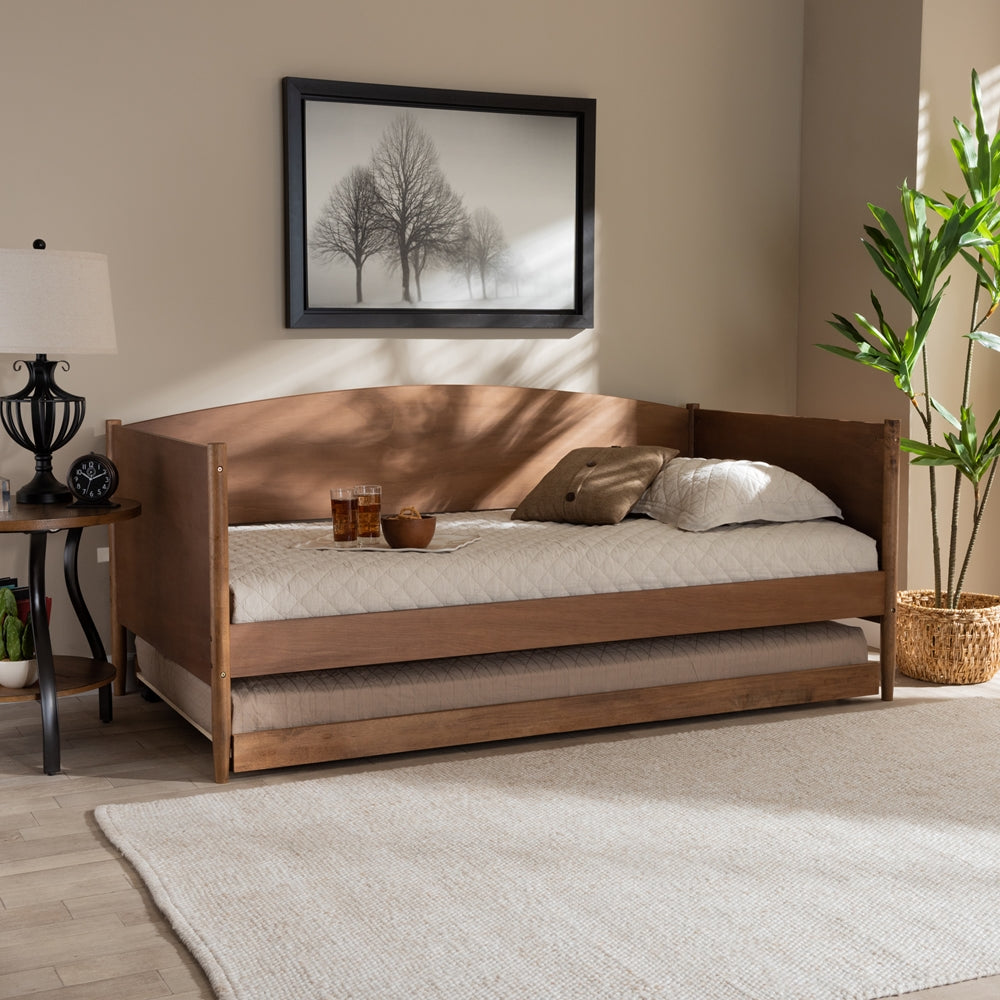 Veles Mid-Century Modern Ash Wanut Finished Wood Daybed with Trundle