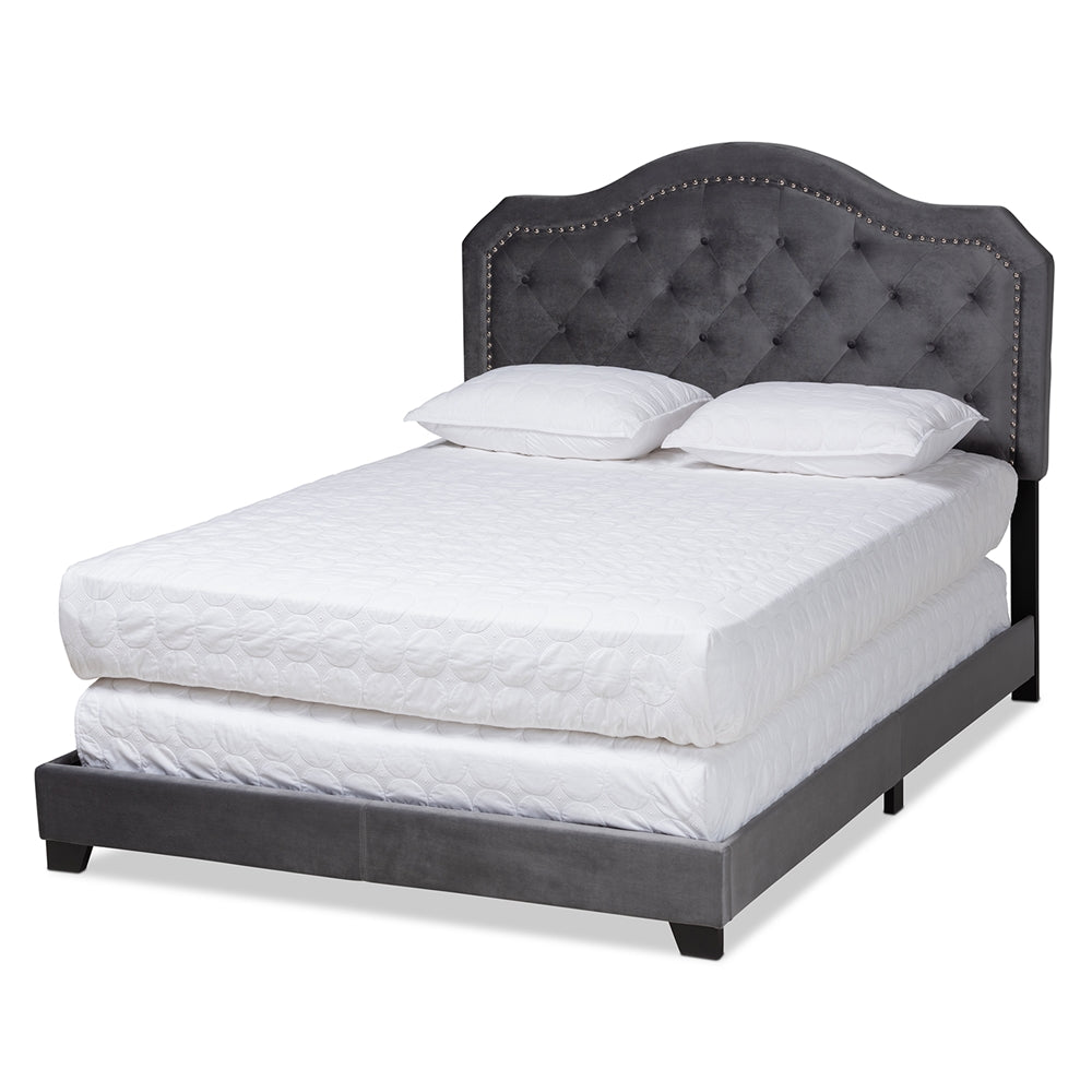 Samantha Grey Velvet Fabric Upholstered Queen Size Button Tufted Bed