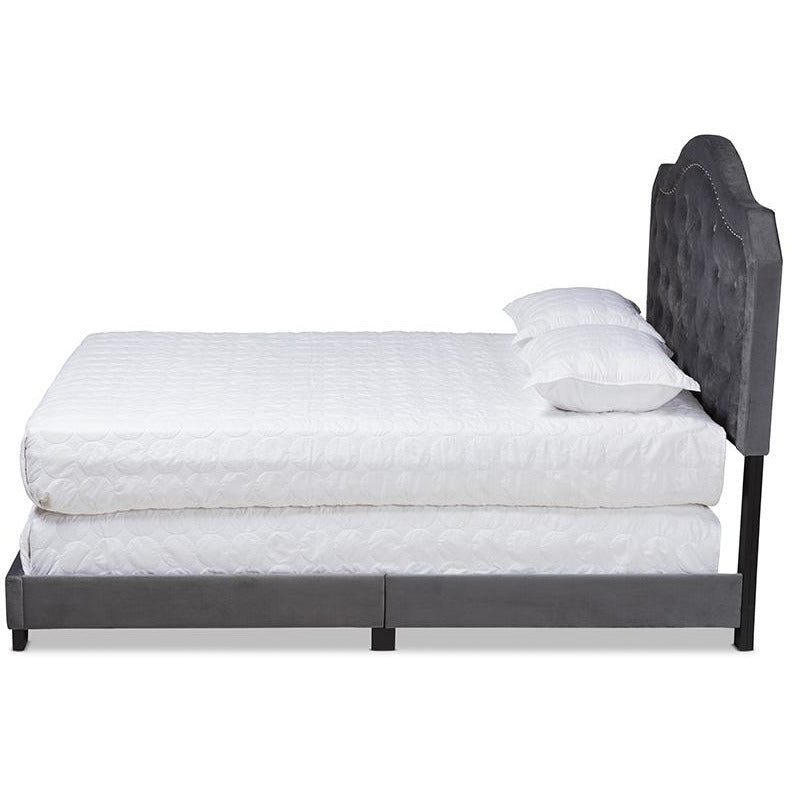 Samantha Grey Velvet Fabric Upholstered Queen Size Button Tufted Bed