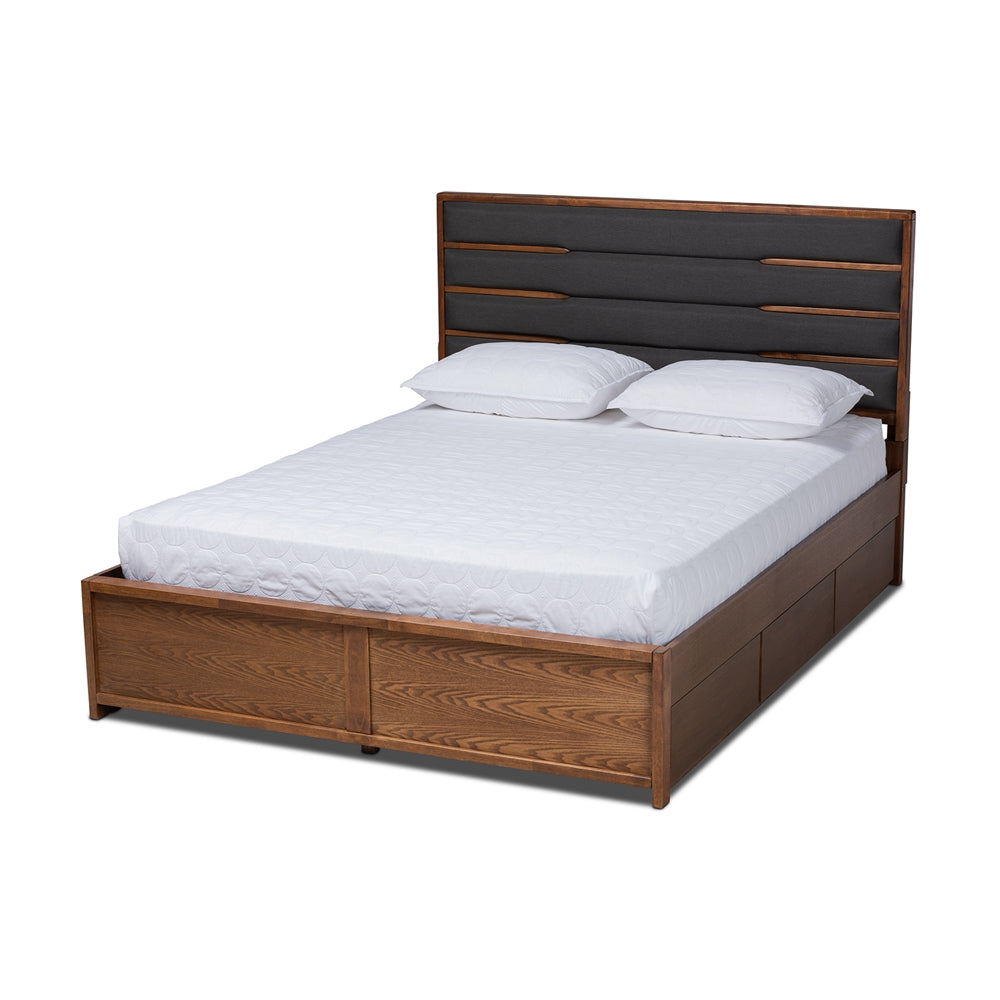 Elin Dark Grey Walnut Wood Queen Size Platform Storage Bed with Six Drawers