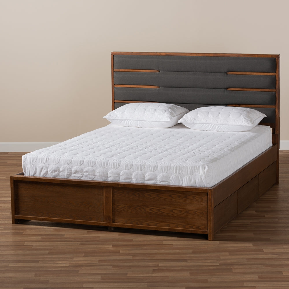 Elin Dark Grey Walnut Wood Queen Size Platform Storage Bed with Six Drawers