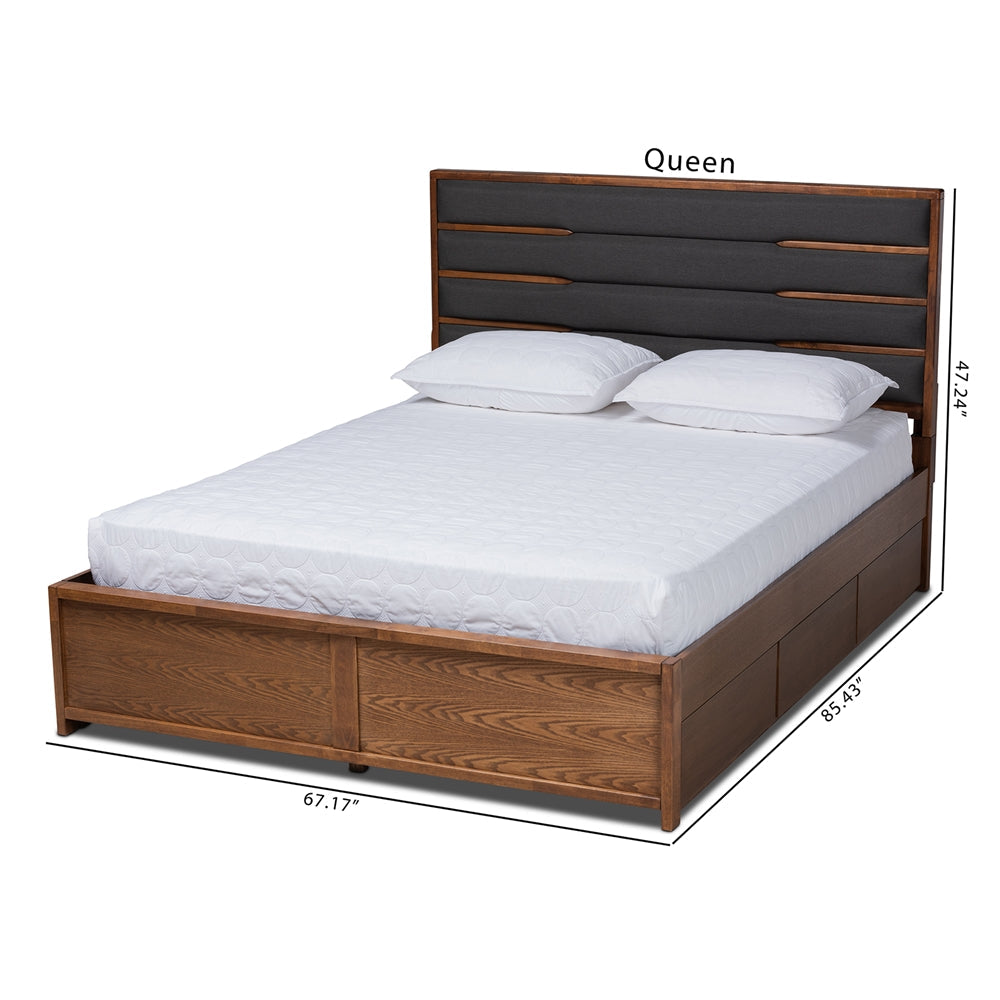 Elin Dark Grey Walnut Wood Queen Size Platform Storage Bed with Six Drawers