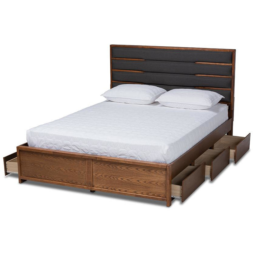 Elin Dark Grey Walnut Wood Queen Size Platform Storage Bed with Six Drawers