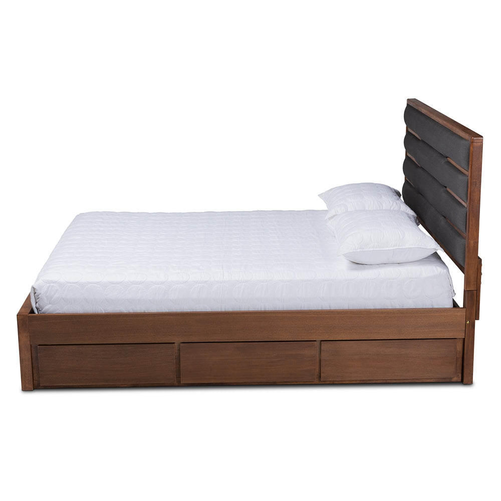 Elin Dark Grey Walnut Wood Queen Size Platform Storage Bed with Six Drawers