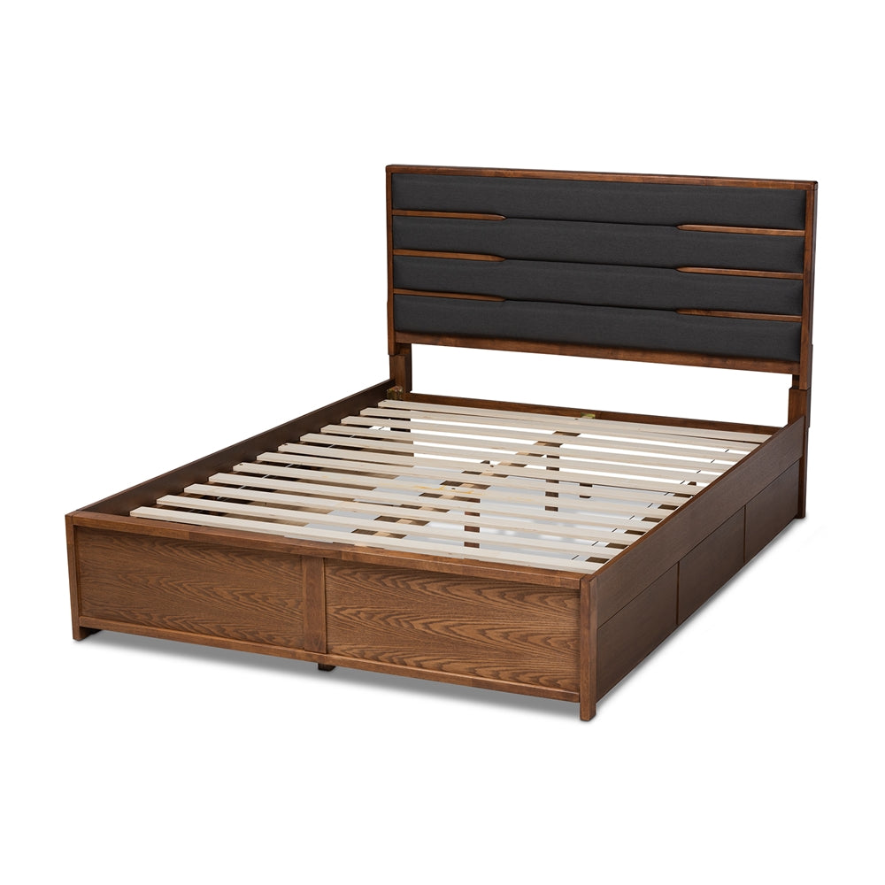 Elin Dark Grey Walnut Wood Queen Size Platform Storage Bed with Six Drawers