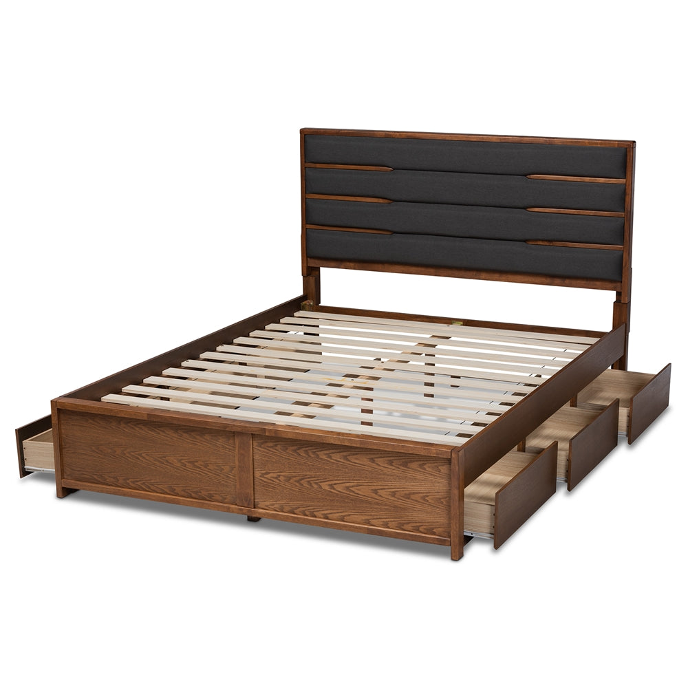 Elin Dark Grey Walnut Wood Queen Size Platform Storage Bed with Six Drawers