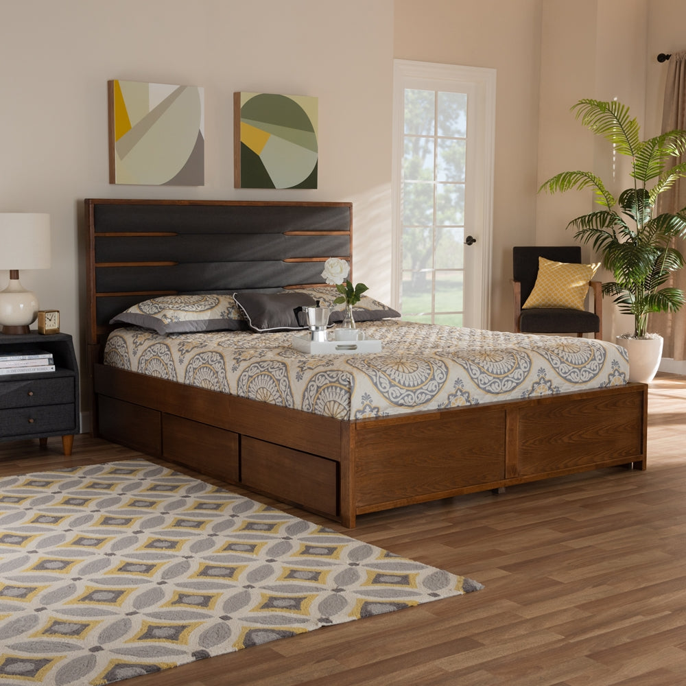 Elin Dark Grey Walnut Wood Queen Size Platform Storage Bed with Six Drawers