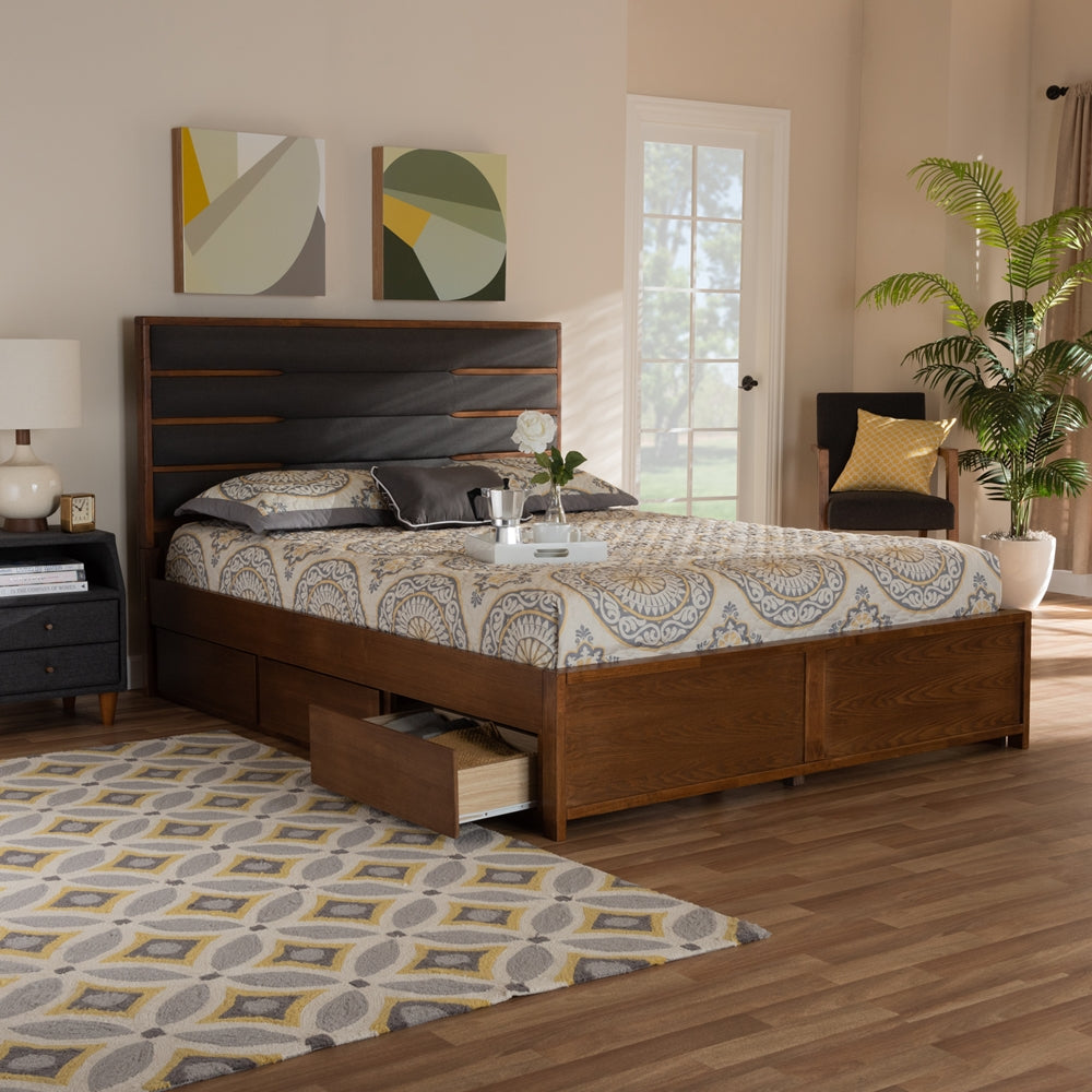 Elin Dark Grey Walnut Wood Queen Size Platform Storage Bed with Six Drawers