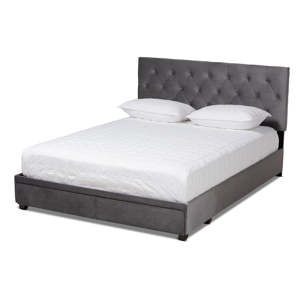 Caronia Grey Velvet Upholstered 2-Drawer Queen Size Platform Storage Bed