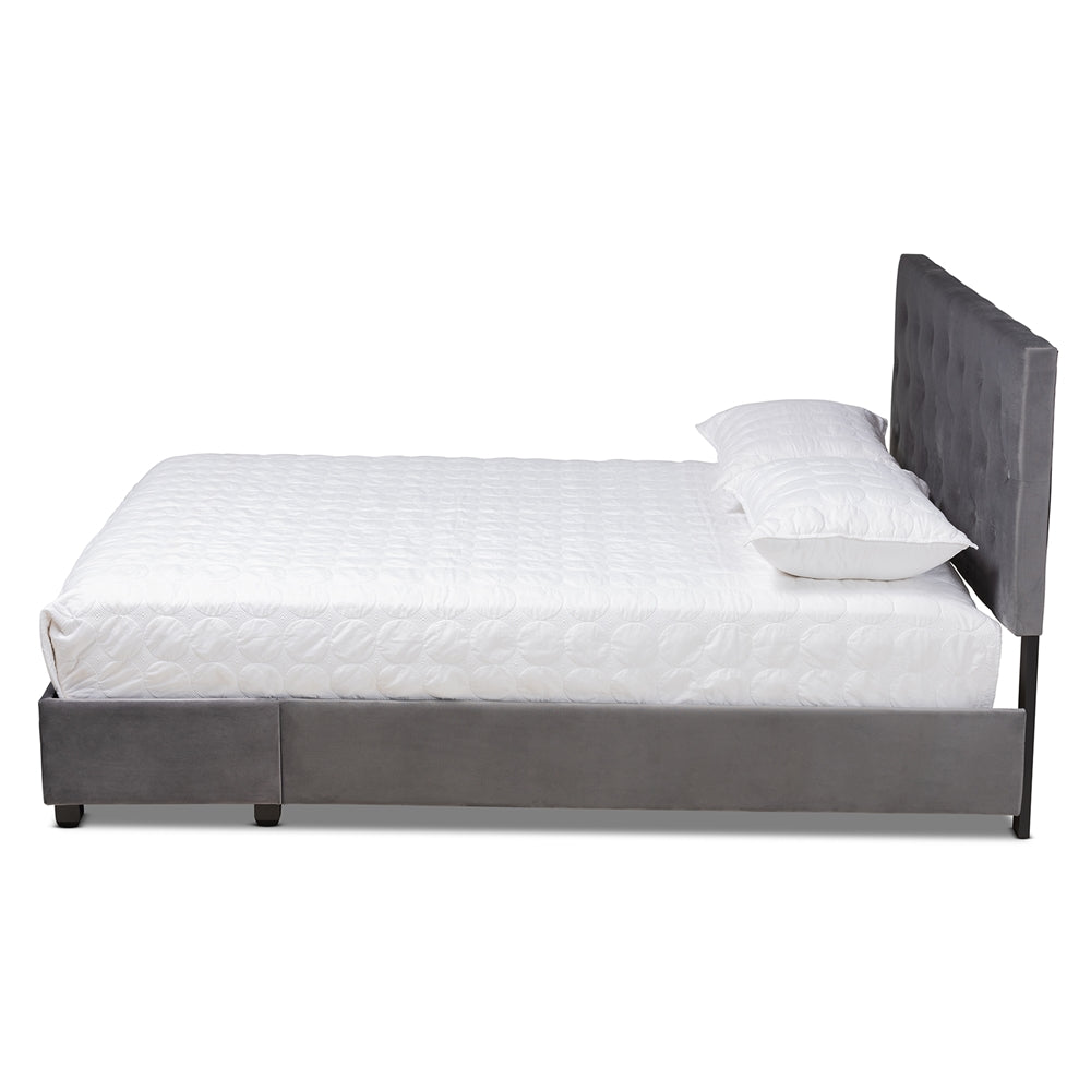 Caronia Grey Velvet Upholstered King Size 2-Drawer Platform Storage Bed