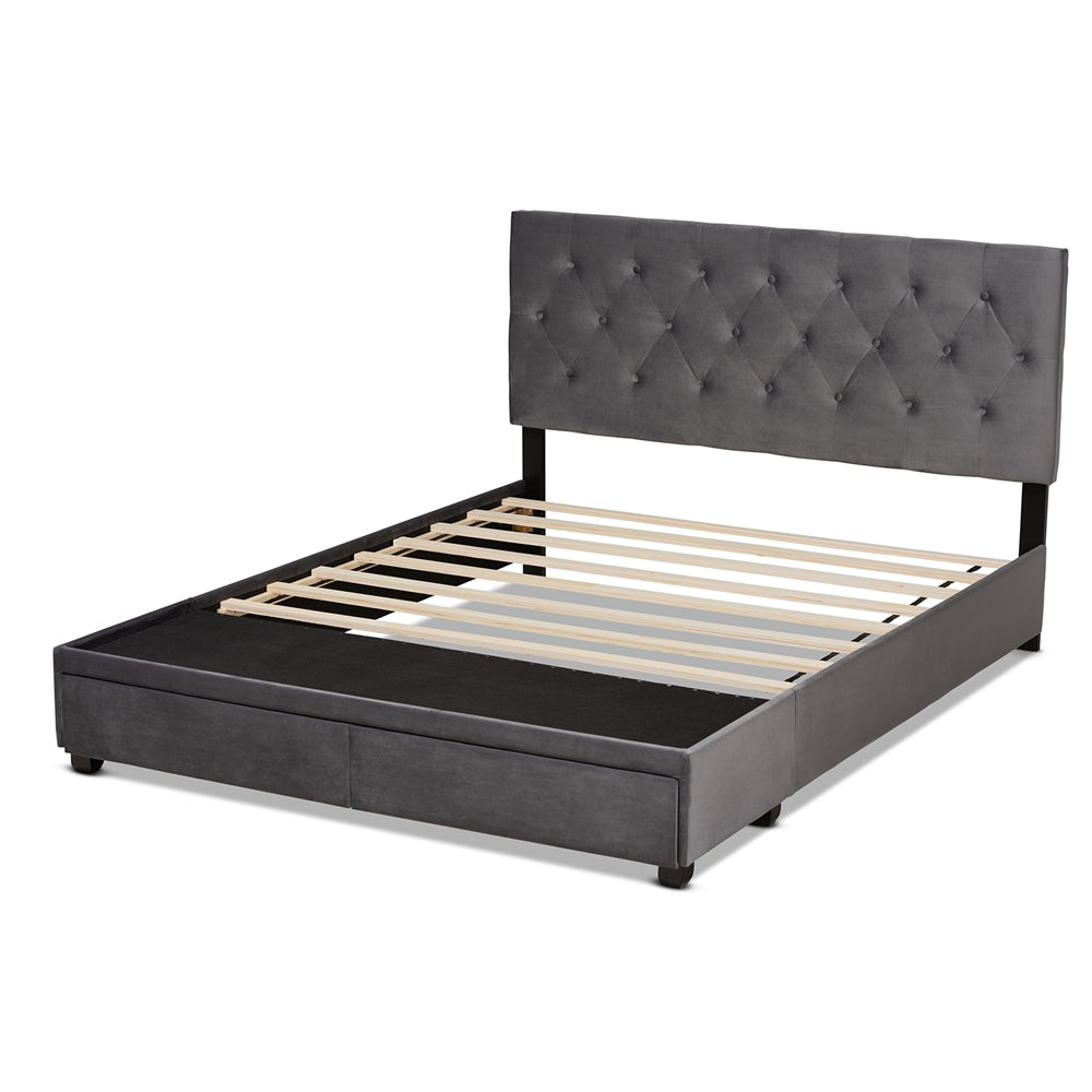 Caronia Grey Velvet Upholstered 2-Drawer Queen Size Platform Storage Bed