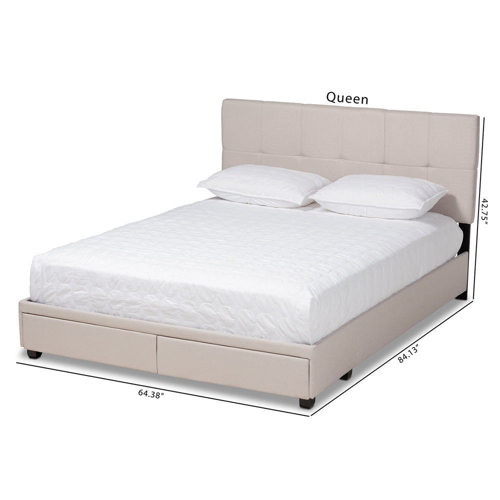 Netti Beige Fabric Upholstered 2-Drawer Queen Size Platform Storage Bed